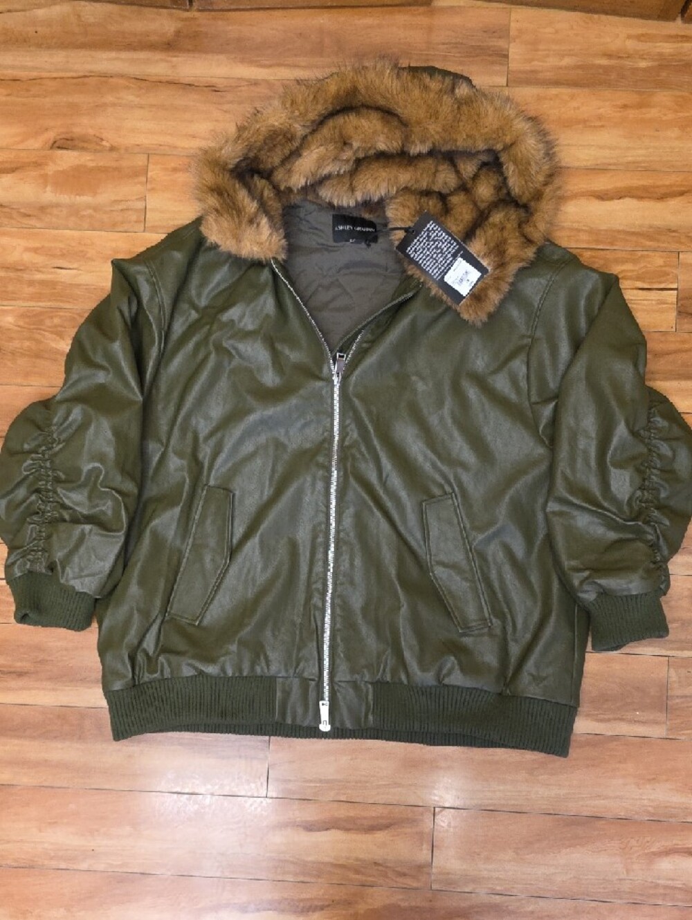 Ashley Graham Faux Leather Bomber Moto Jacket Fur Collar Olive Size 3X NEW - Picture 4 of 16